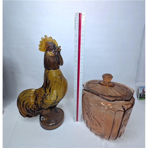Glass Rooster Decanter and Bisquit Barrell
