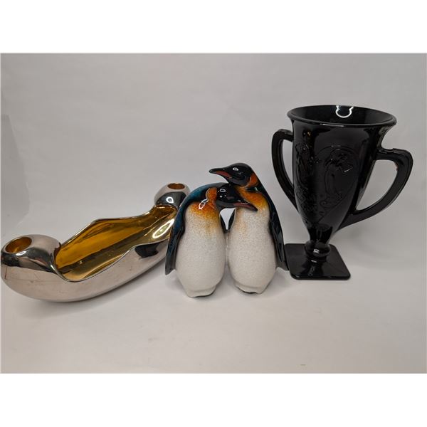 Penquins / Black Glass Challis / Royal Winton Candleabra