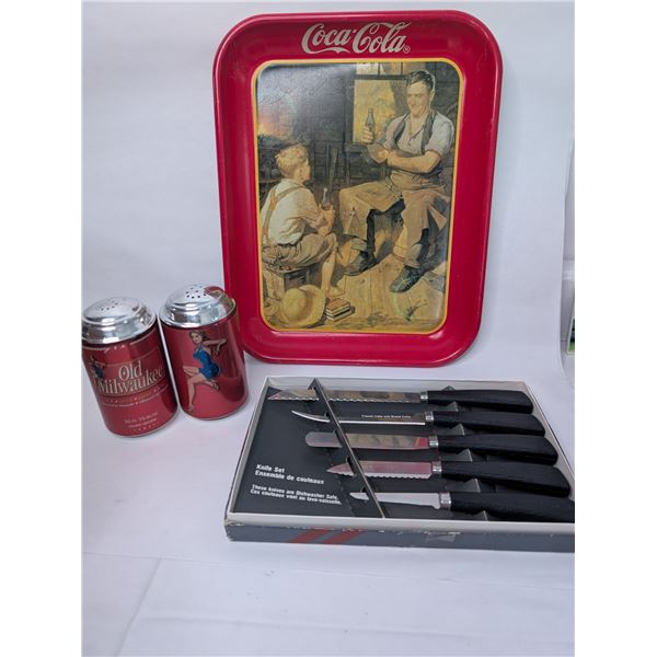 Vintage Coke Tray / Ol' Mil S&P / NOS Bar Knife Set