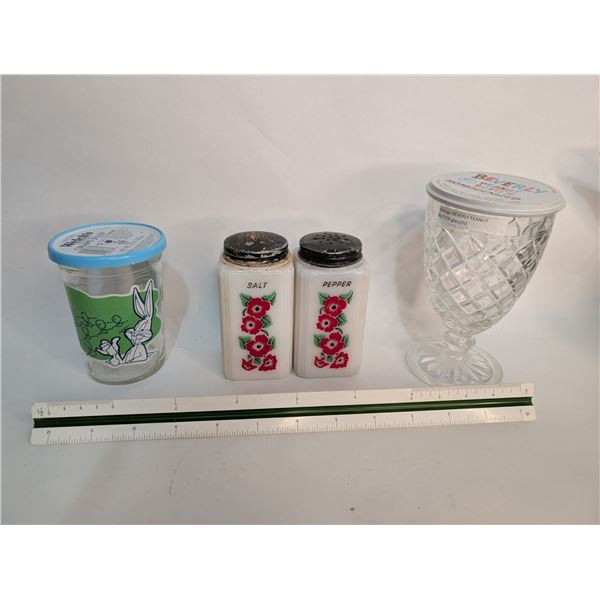 Milk Glass Salt and Pepper / 2 Jam Jars with Advertizing Lids