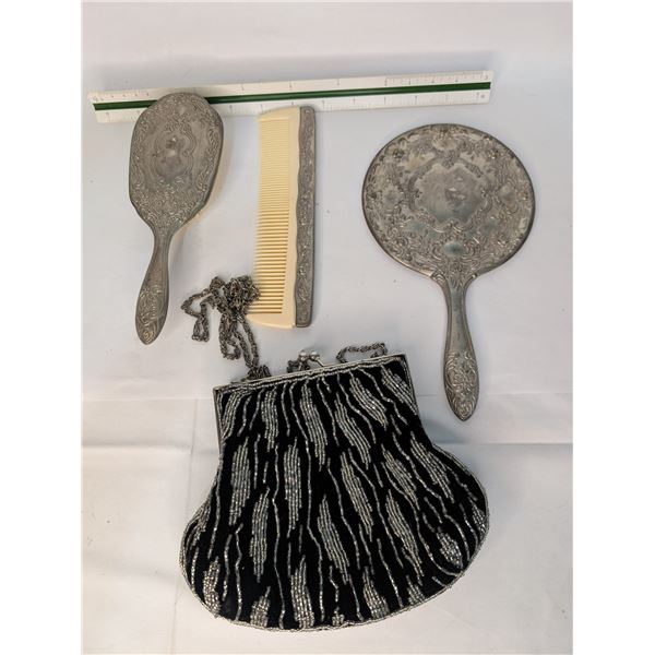 Silver Plate Dresser Set and Bead Purse