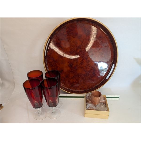 Otagiri Tray / Copper Napkin Rings / Red Red Wine Glasses