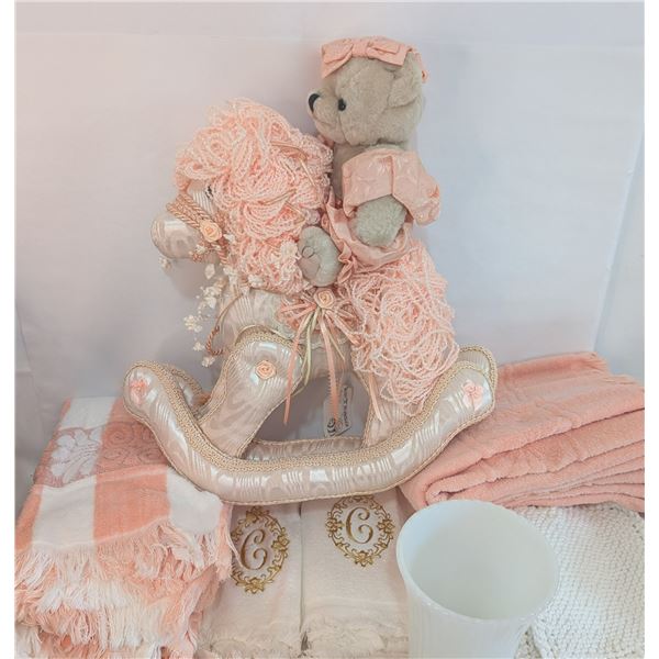 Teddybear Rocking Horse / Vintage Towels / Milk Glass Vase