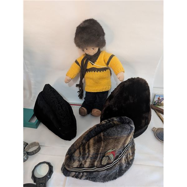 Vintage Winter Hats x 3 / Hand made Doll