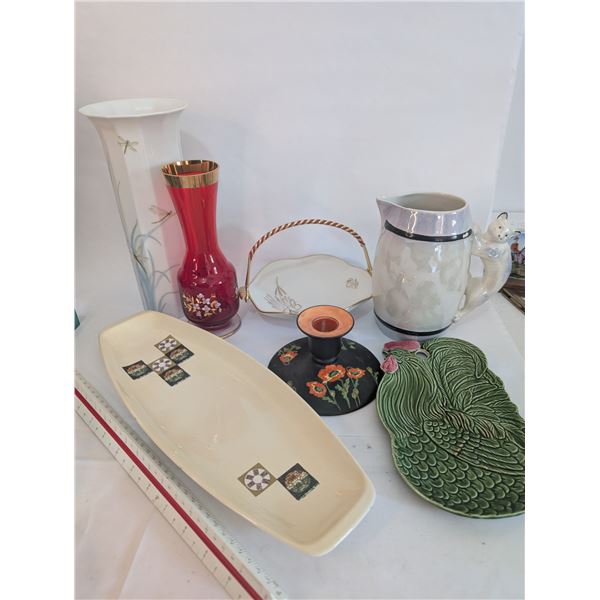 Carlton Celery Dish / Czech Kitty Jug (paint chipping) / Rosenthal Vase