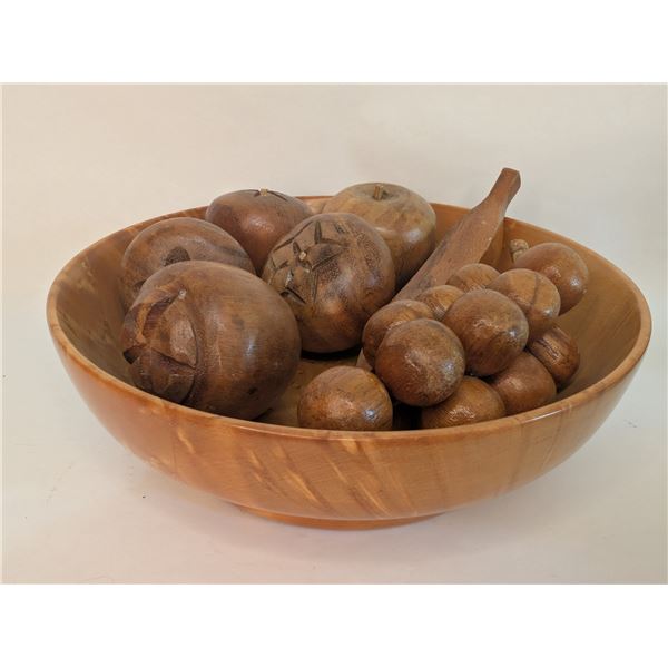 Wood Carved Fruit in NICE Handmade Burlewood Bowl