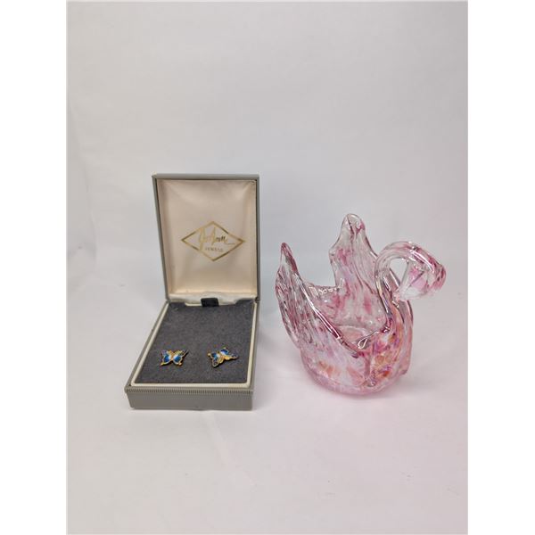 Enamel Butterfly Earnings / Swan Art Glass Tea Light