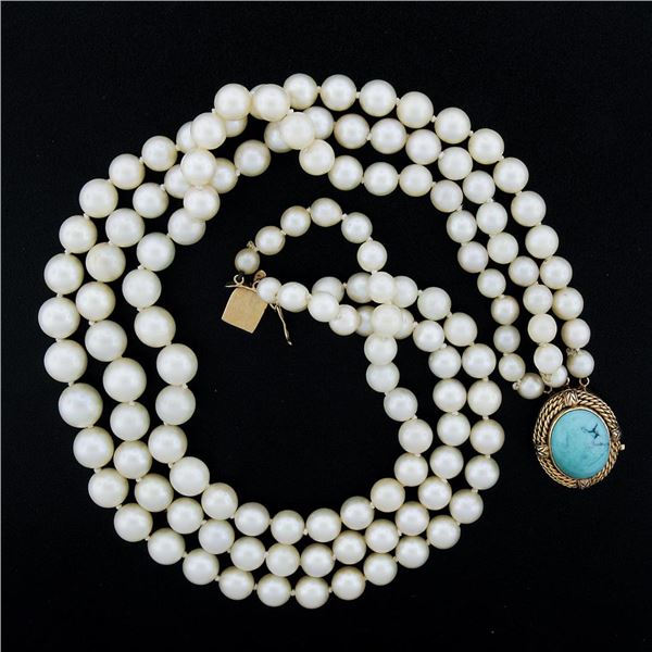 14.5" 3 Row Pearl Strand Necklace w/ 10k Gold Turquoise Twisted Wire Push Clasp