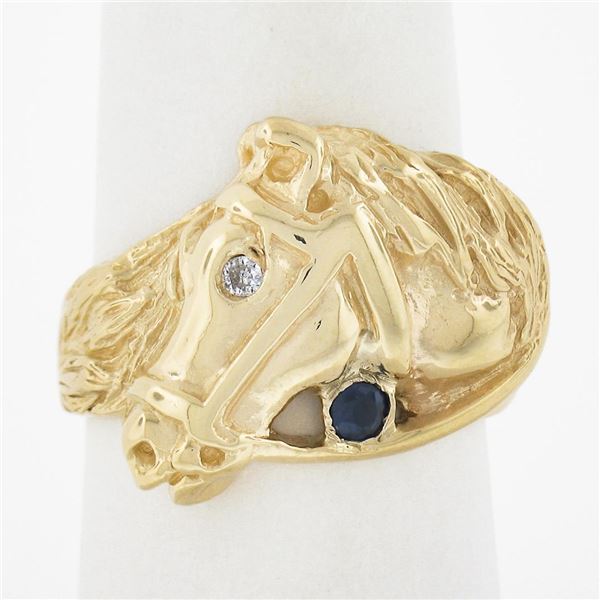Estate 14K Yellow Gold Detailed Horse Head Band Ring w/ 0.10 Diamond & Sapphire