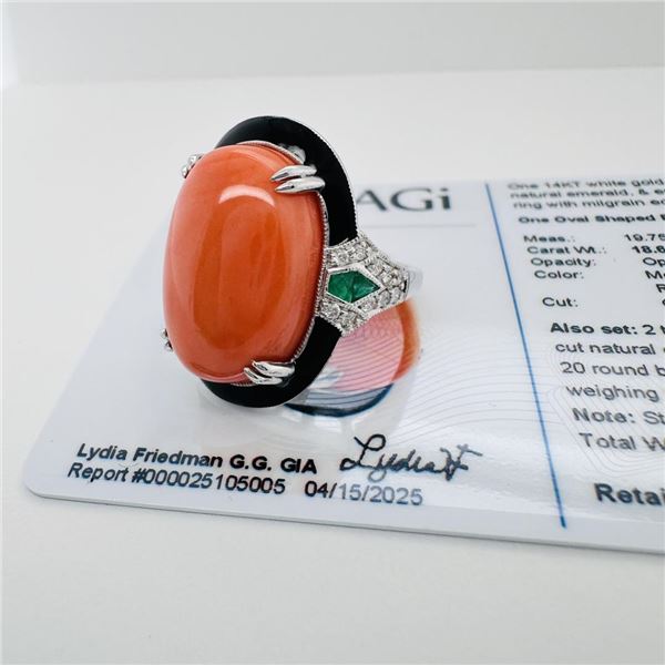 18.88 ctw Coral, 0.30 ctw Emerald and 0.24 ctw Diamond 14KT White Gold Art Deco