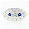 Image 1 : Vintage 14k White Gold 0.25 ctw Round Diamond & Sapphire Floral Oval Platter Rin