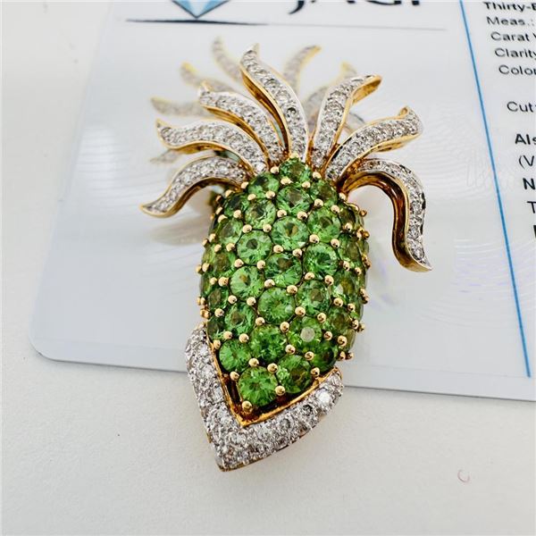 3.42 ctw Tsavorite Garnet and 0.86 ctw Diamond 18K Yellow Gold Brooch