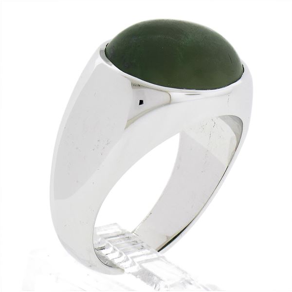 Men's 14K White Gold Elongated Oval Cabochon Bezel Green Nephrite Jade Ring