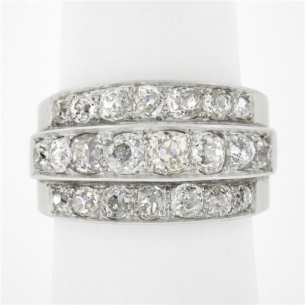 Antique Edwardian Platinum 2.75 ctw Chunky Old Mine Diamond 3 Row Wide Band Ring