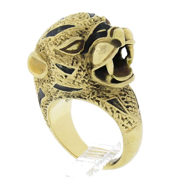 Vintage 18k Gold Detailed Black & Orange Enamel Work Leopard Cocktail Ring