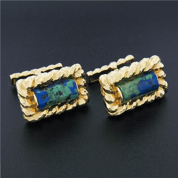 David Webb 18k Yellow Gold & Azurmalachite Lassoed Cylinder Hammered Cuff Links