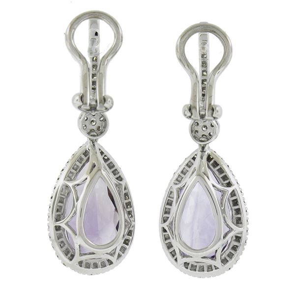 18k White Gold 12.5 ctw Pear Purple Amethyst w/ Diamond Fancy Drop Dangle Earrin