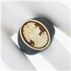 Image 3 : Vintage Carved Black Stone Wide Band Ring w/ 10k Gold Bezel Set Shell Cameo
