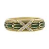 Image 5 : Vintage Solid 14K Yellow Gold Green Enamel Wide Band Ring & X Shape Pave Diamond