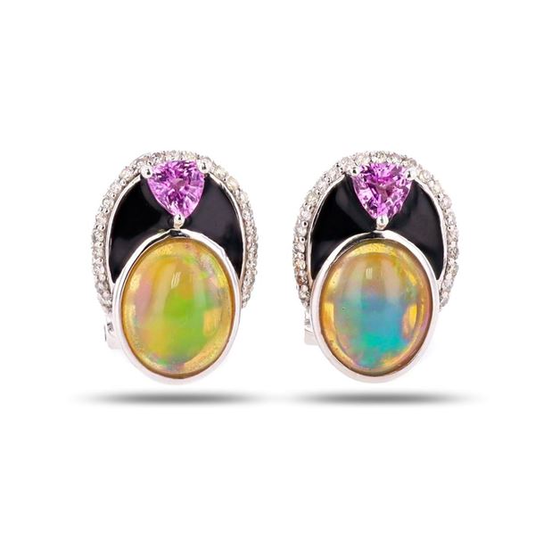2.76 ctw Opal, 0.48 ctw Pink Sapphire and 0.18 ctw Diamond Platinum Earrings