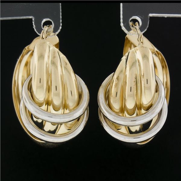 Solid 14K Two Tone Gold Polished Tubes Large 25.2mm Hallow Design Hoop Earrings