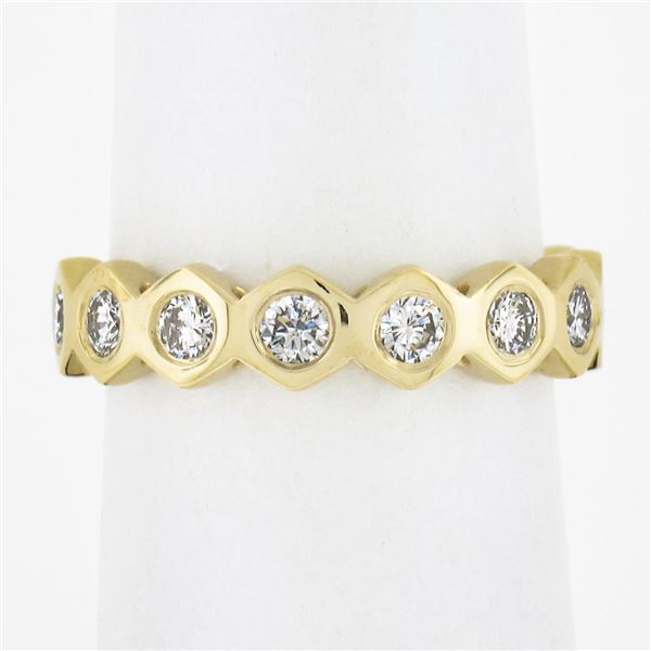 New 18K Gold 0.58 ctw Round Burnish Set Diamond Stackable Hexagon Shape Band Rin