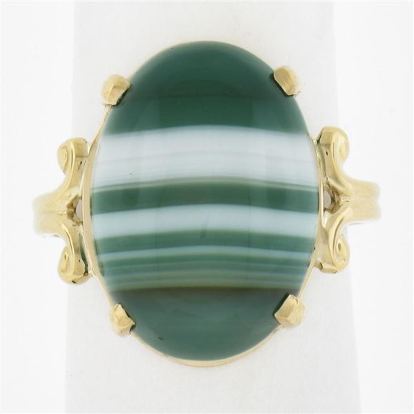 New 14k Yellow Gold 18.2x13mm Oval Cabochon Prong Set Green Agate Solitaire Ring