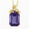 Image 2 : 14k Yellow Gold Large Emerald Cut Amethyst w/ Diamond Bow Ribbon Pendant & Chain