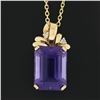 Image 3 : 14k Yellow Gold Large Emerald Cut Amethyst w/ Diamond Bow Ribbon Pendant & Chain