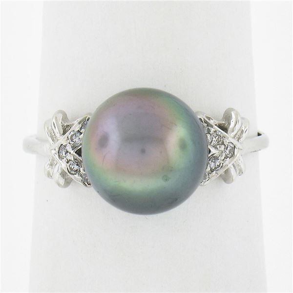 Vintage 18K White Gold 9.1mm Tahitian Pearl w/ Diamond Accents Cocktail Ring