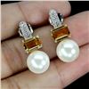 Image 2 : Citrine and Pearl Earrings in 14k White Gold-Plated 925 Sterling Silver