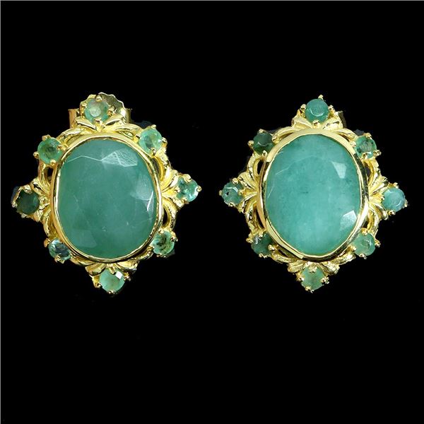 Superb Big Emerald Earrings in 14k Yellow Gold-Plated 925 Sterling Silver