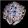 Image 2 : Very Rich Looking Tanzanite and Rhodolite Garnet Ring in 14k White Gold-Plated 925 Sterling Silver -