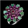 Image 2 : Emerald and Rhodolite Garnet Ring in 14k White Gold-Plated 925 Sterling Silver - Size 8.5