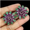 Image 2 : Emerald and Rhodolite Garnet Earrings in 14k White Gold-Plated 925 Sterling Silver