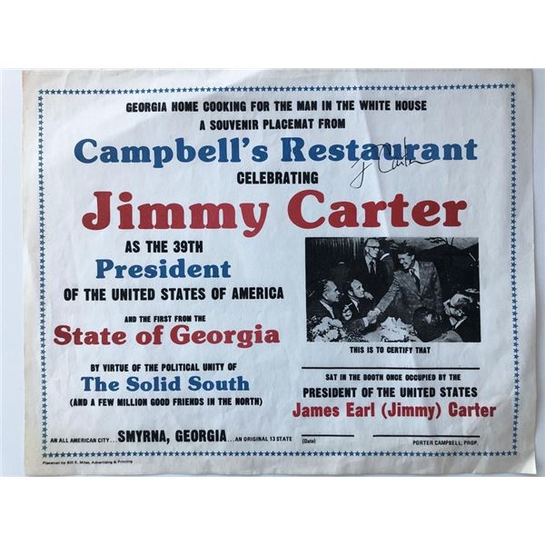 President Jimmy Carter signed souvenir placemat. GFA Authenticated