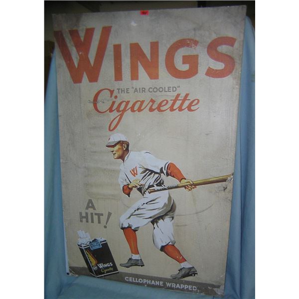 Large Wings cigarette baseball player themed  retro style advertising sign mounted on masonite hard 