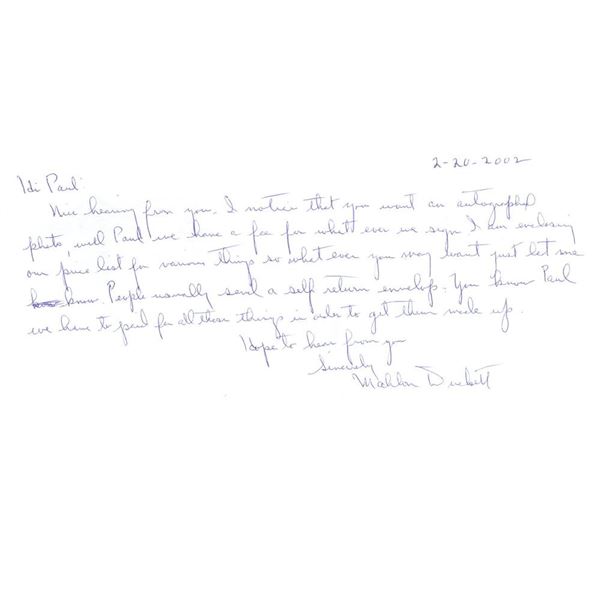 1940's Second Baseman Mahlon Duckett signed note