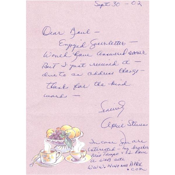 Grammy Winner April Stevens handwritten signed letter
