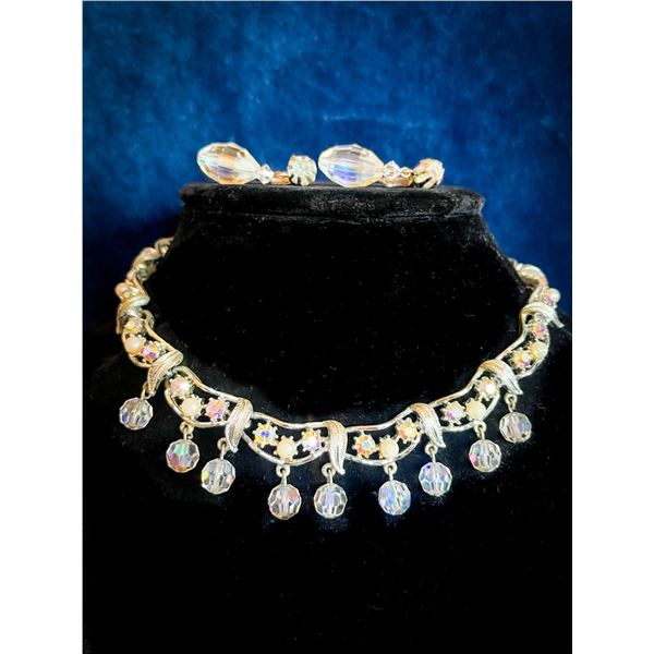 Signed Coro Aurora Borealis Necklace & Crystal Drop Earring Set