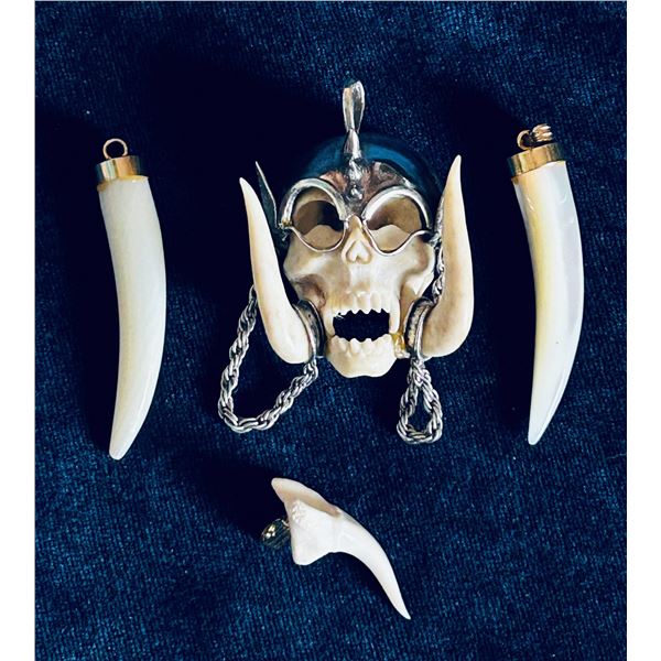 Pendant Collection – Carved Bone Skull, Shark Tooth & Boar Tusks