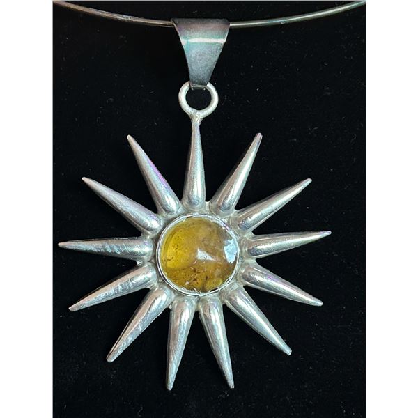 Sterling Silver Mexican Sunburst Pendant with Amber