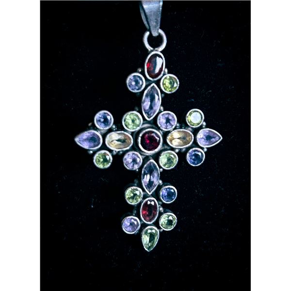Sterling Silver Cross Pendant with Multi-Stone Inlay