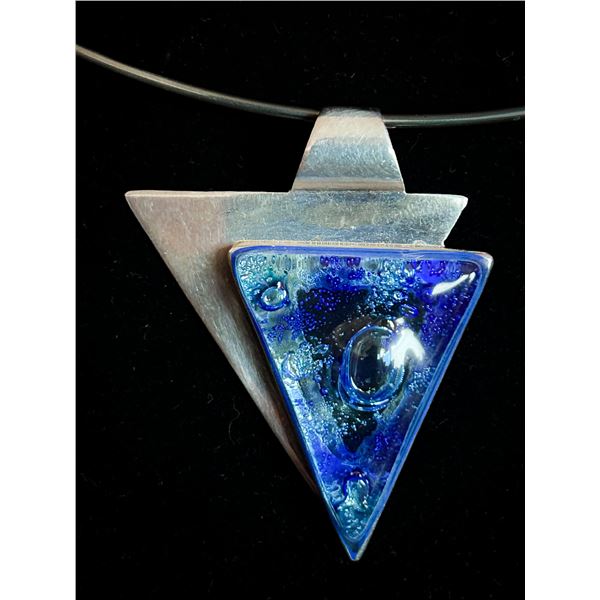 Modernist Sterling Silver & Blue Art Glass Triangle Pendant