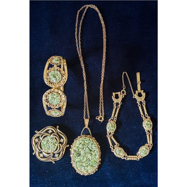 Vintage Gold-Tone Jade Chip Jewelry Set – Bracelet, Necklace, Brooch & More