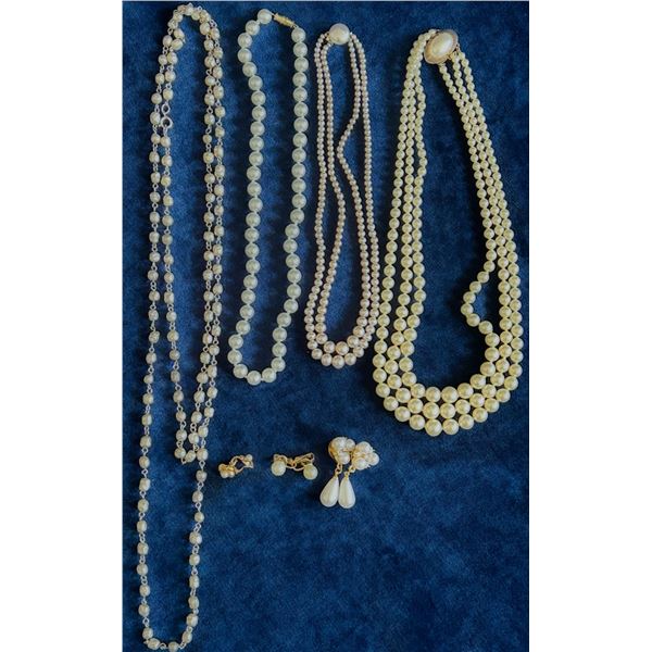 Vintage Faux Pearl Jewelry Lot – One Necklace has Sterling Clasp