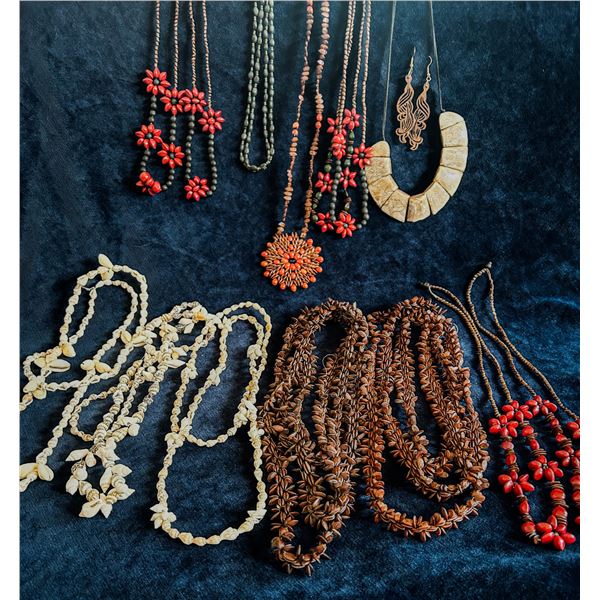 Tropical Tiki Style Vintage Seed Jewelry Lot – Apple Seed, Shell, carved Horn & Wood
