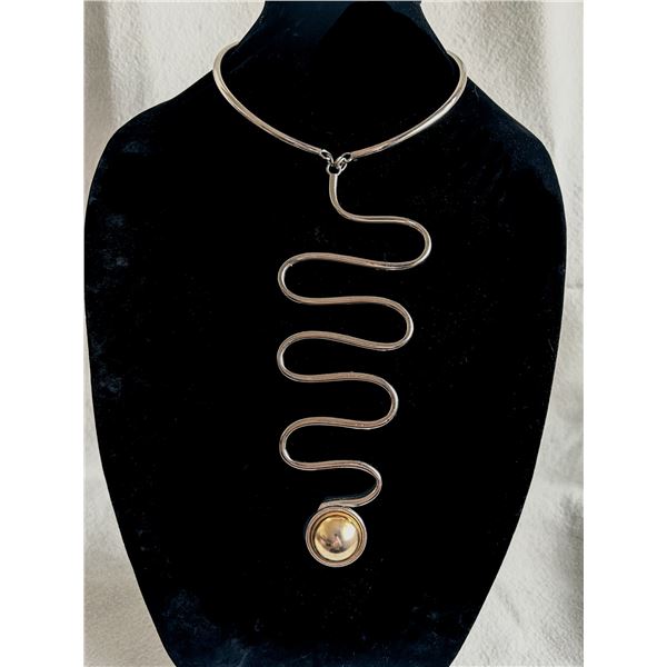 Vintage Sculptural Modernist Collar Necklace – Zig-Zag Drop with Gold-Tone Orb