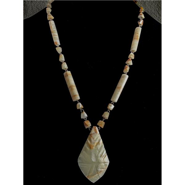 Vintage Hand-Carved Stone Pendant Necklace – Natural Onyx or Calcite