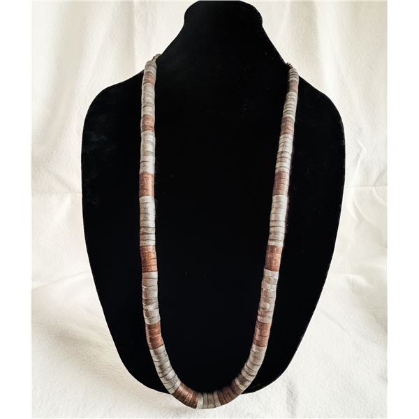Vintage Modernist Heishi Necklace – Brushed Metal Disc Beads in Copper & Gunmetal Tones